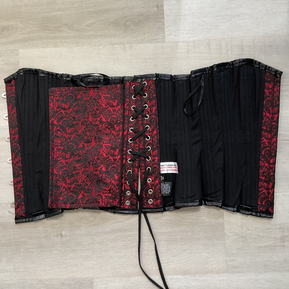 Gothic Brocade Corset Floral Lace Overlay Red and Black Metal Boning Womens 24 - Picture 3 of 12